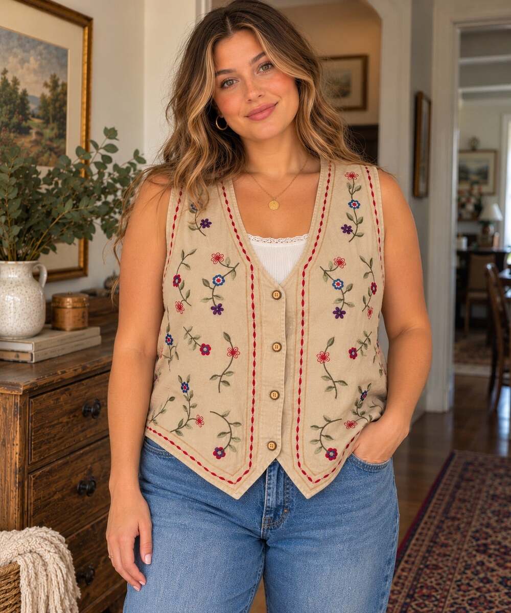 Vtg 90s Bobbie Brooks Embroidered Floral Vest Flax Cotton Cottagecore XL